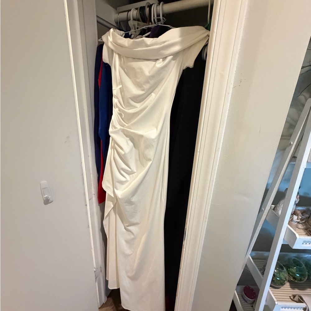 Elegant White Draped Gown - high right side slit .  Very flattering